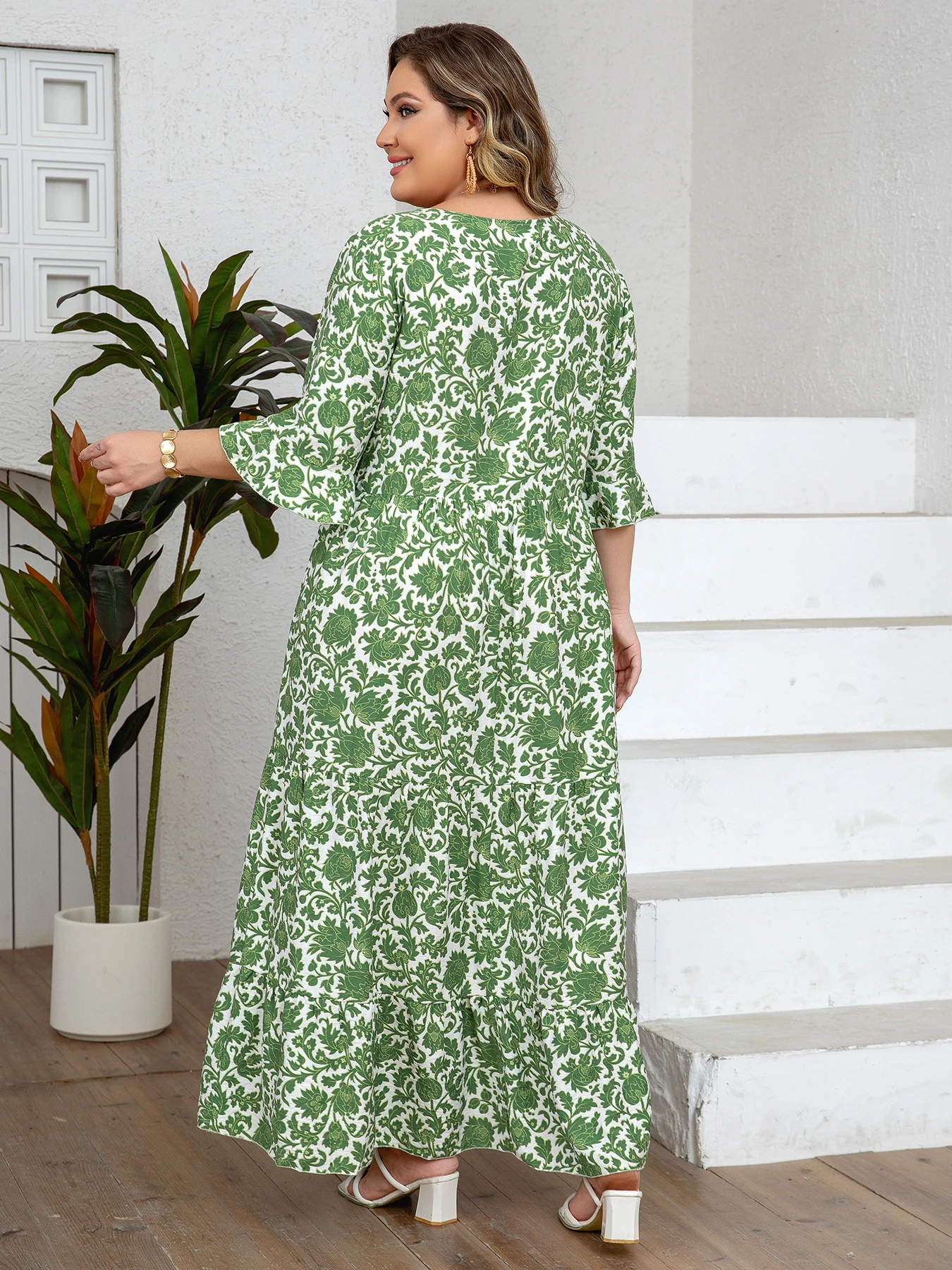 green plus size boho dress Women's Floral Print Tie Half Sleeve Loose Slimming Style Maxi Dress Floral dress