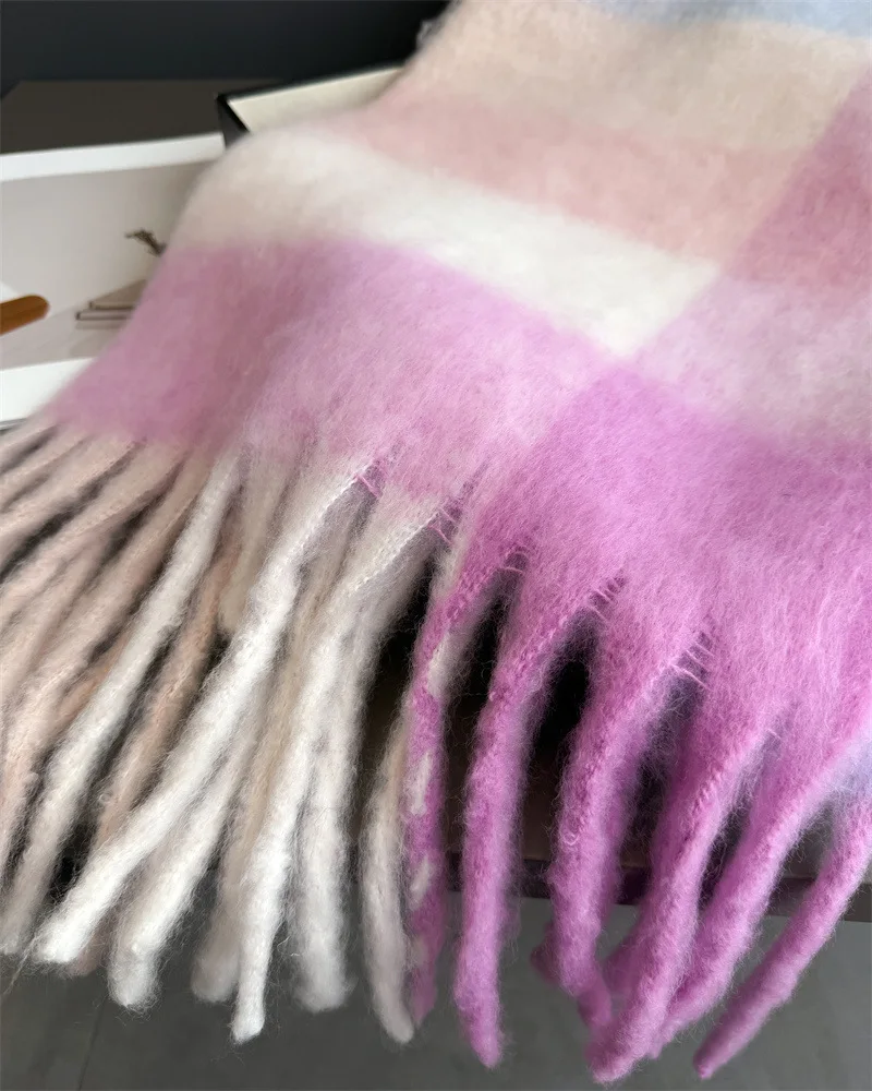 Warmer Dicker Winterschal für Damen, Mohair, Kariert, Weicher Quastenschal, Pashmina, Großer Halsdecken-Schal – Detail 35