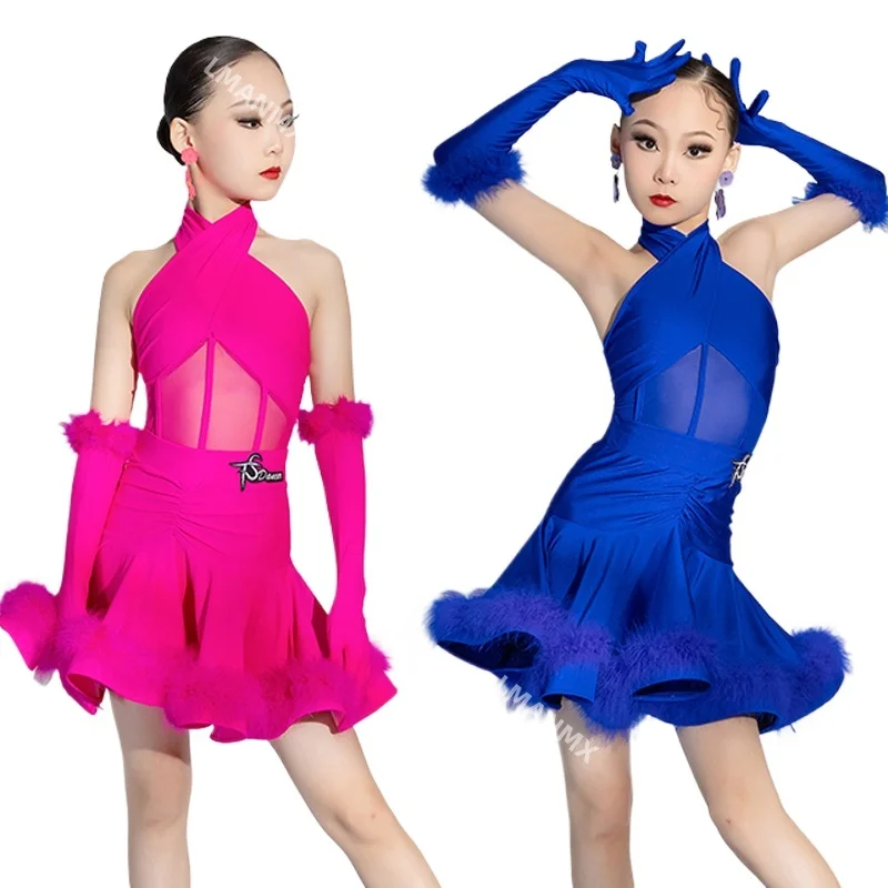 Kids Chacha Samba Rumba Latin Dance Competition Dresses Girls Halter Latin Dance Dress Child Stage Performance Costumes