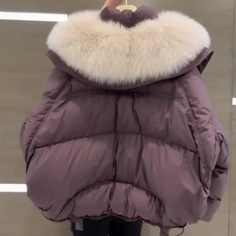 Ladies Vintage Short Warm Puffer Coat Loose Female Parka Outerwear New in Winter Korean Fashion Fur Collar Women White Jacket