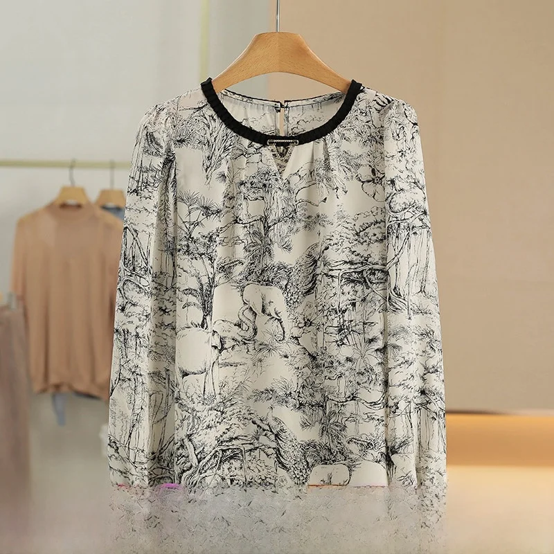 

Artistic Print Bell Sleeve round Neck Pullover Shirt Women's Casual Style Polyester Fiber Spring New Arrival Breathable