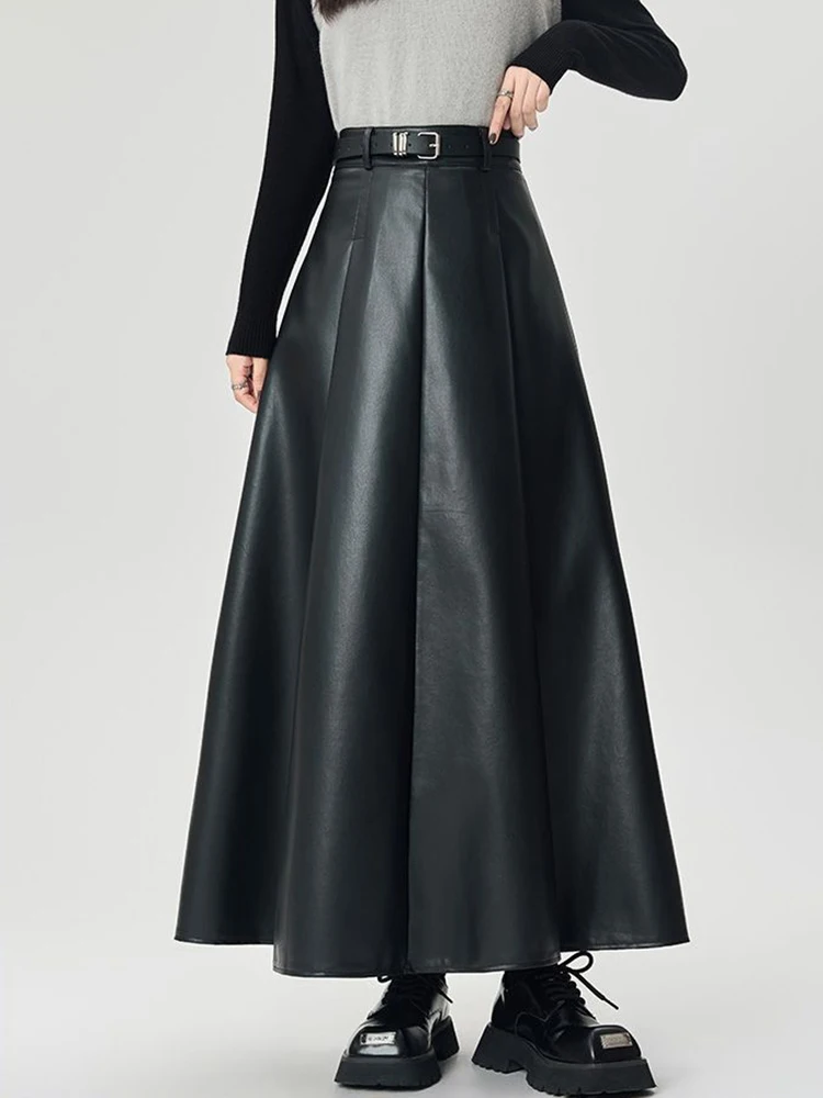 Jupes mi-longues Vintage en cuir PU pour femmes, Y2K, taille haute, Streetwear avec ceinture plissée, élégantes, couleur unie, jupes trapèze, automne