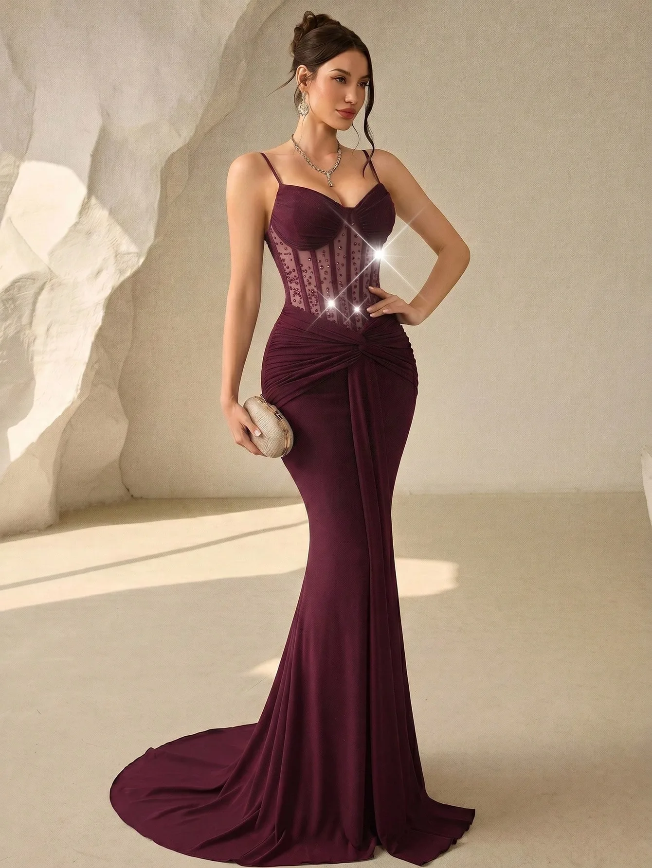 Women Spaghetti Strap Evening Dresses Sweetheart Neck Sheer Mesh Beaded Corset Mermaid Formal Prom Party Dresses