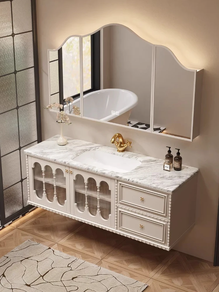 

Натуральный мраморный бесшовный керамический умывальник, шкаф для ванной комнаты в стиле французского ретро из прорезиненного дерева с покрытием под краску.