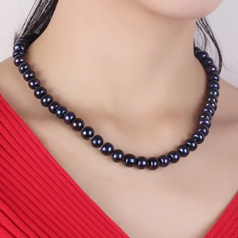 7-10mm Natural Freshwater Black Pearls Necklace for Women 925 Sterling Silver Life of Tree Buckle Necklace Jewelry Gift