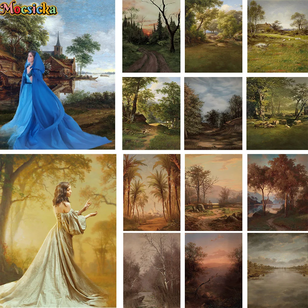 Mocsicka Classical Oil Painting Backdrop Studio Photographic Prop Forest Nature Scenery Rural Road Portrait Art Photo Background