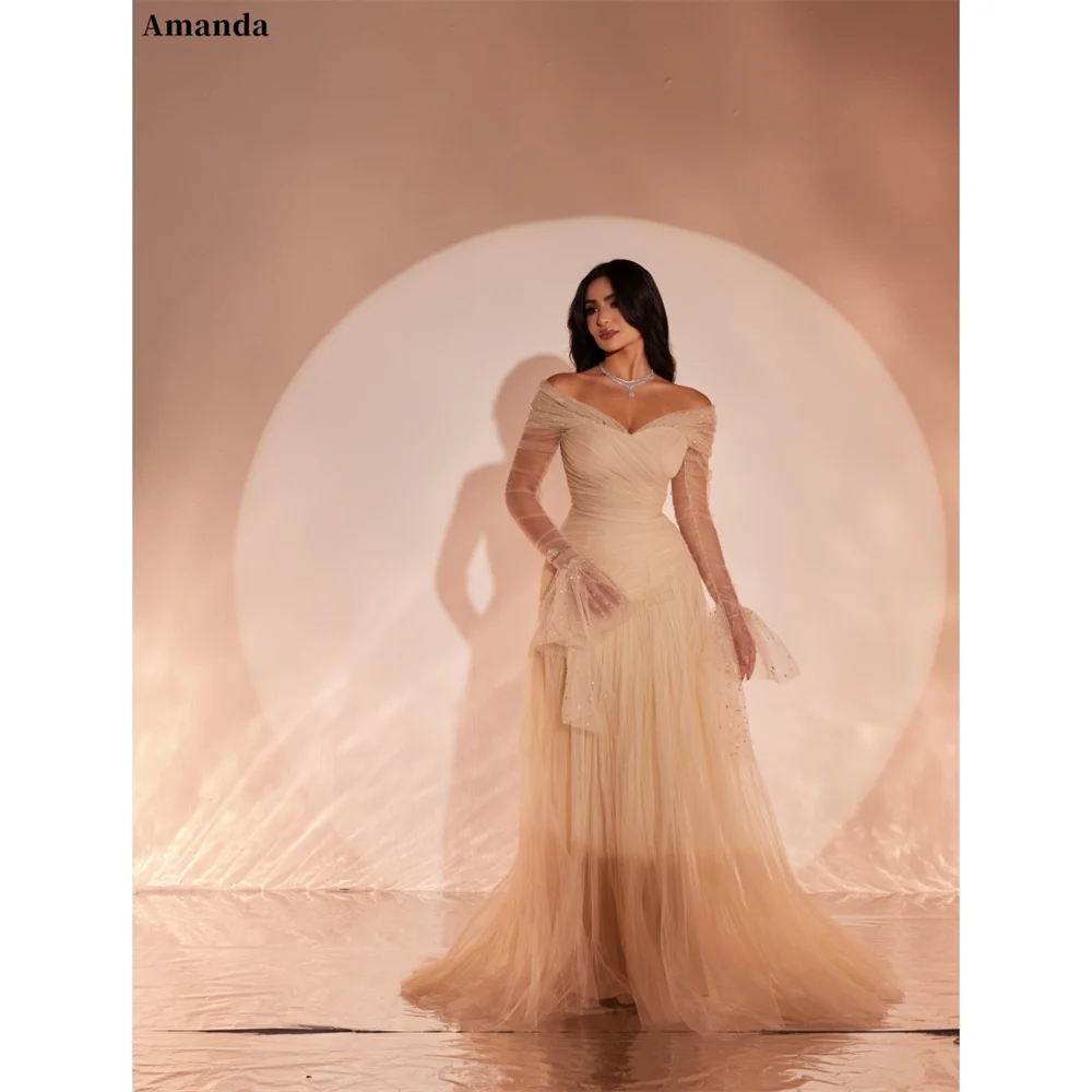 Amanda Customizd Off‑the‑shoulder Sweetheart neck Tulle A‑line Evening dress vestidos de noche Flowy Long sleeve Prom dress 2026