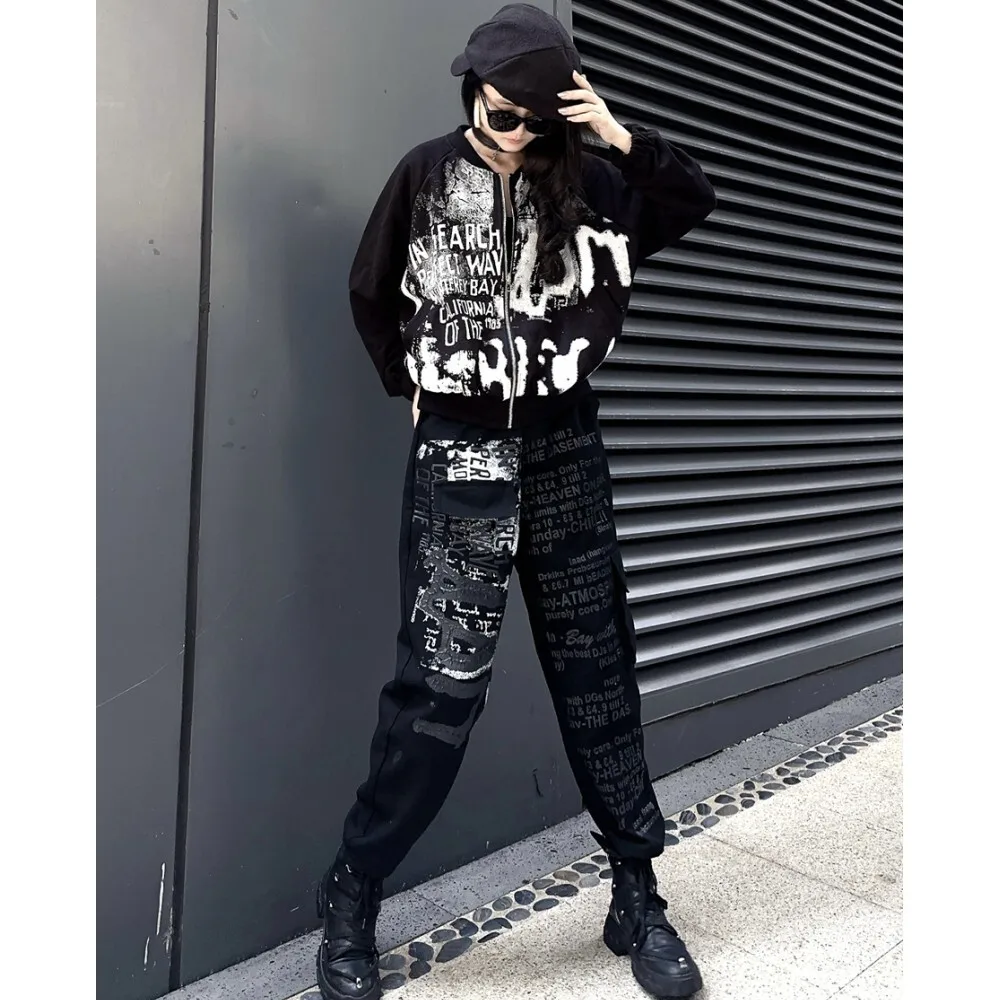 Fashion Suit Women Loose Fit Long Sleeved Top + Elastic Waist Harem Pants Two-piece Set Women Autumn Black Pant Set ZF359