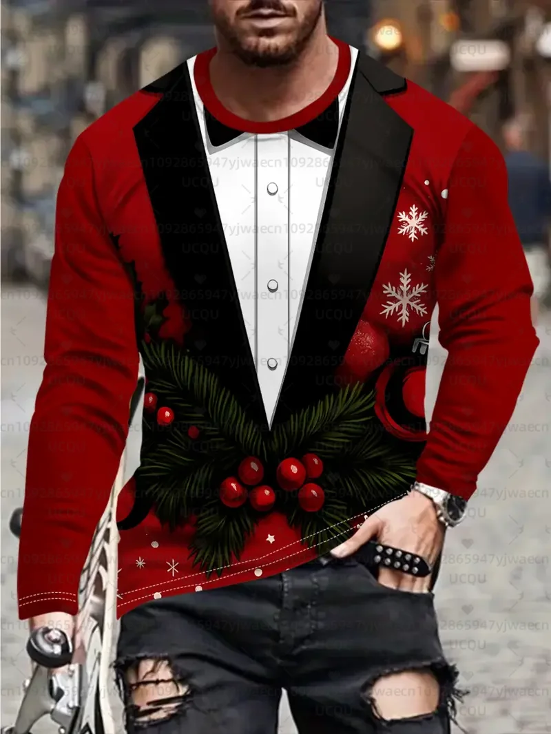 

Рождественская мужская и женская футболка с длинными рукавами и 3D принтом Санта-Клауса, праздничная одежда с круглым вырезом, праздничный подарок покупателям