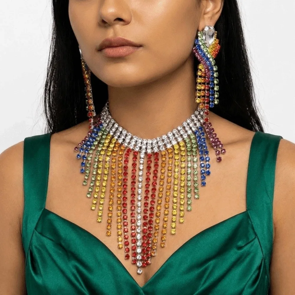 

Luxury Vintage Rainbow Tassel Jewelry Set Shiny Chain Rhinestone Crystal Necklace Elegant Gorgeous Ear Studs Party