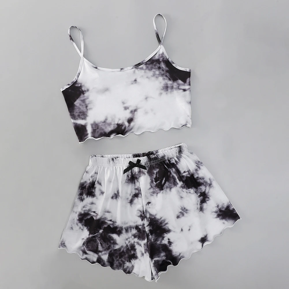 Women Summer Sleepwear Cute Tie-dye Print Nightwear Set Suspender Sleeveless Crop Tops Shorts Comfortable Pajamas 2pcs Outfit