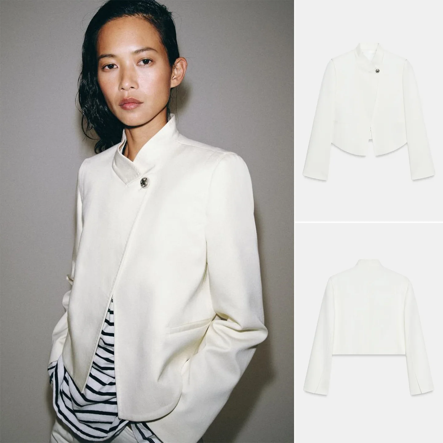 Summer New Women's Commuter Style High Collar Long Sleeve Single Pocket Decorated Short Length Suit Jacket Polyester Fiber