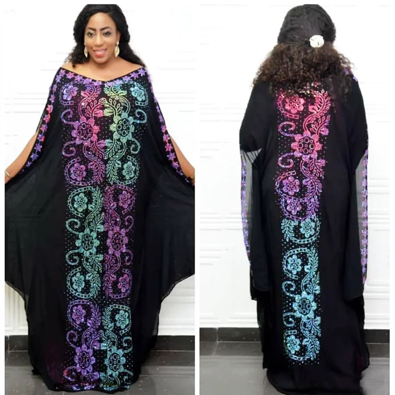 

African Dashiki Kaftan Dress For Women Traditional Chiffon Hot Drill Batwing Sleeve Plus Size Long Dresses Elegant Muslim Abaya