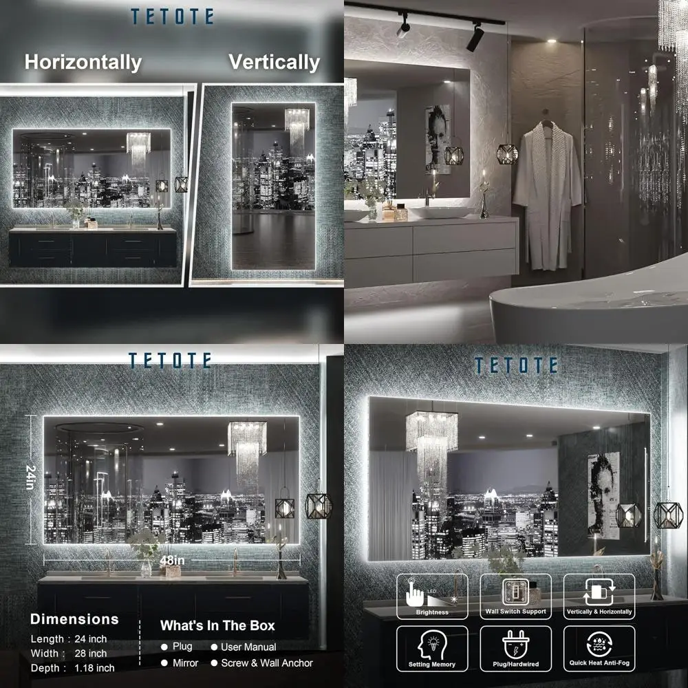 

Косметическое зеркало со светодиодной подсветкой, 24 x 48 градусов, с защитой от запотевания, регулировкой яркости, CRI90+, зеркало для макияжа — горизонтальное или вертикальное