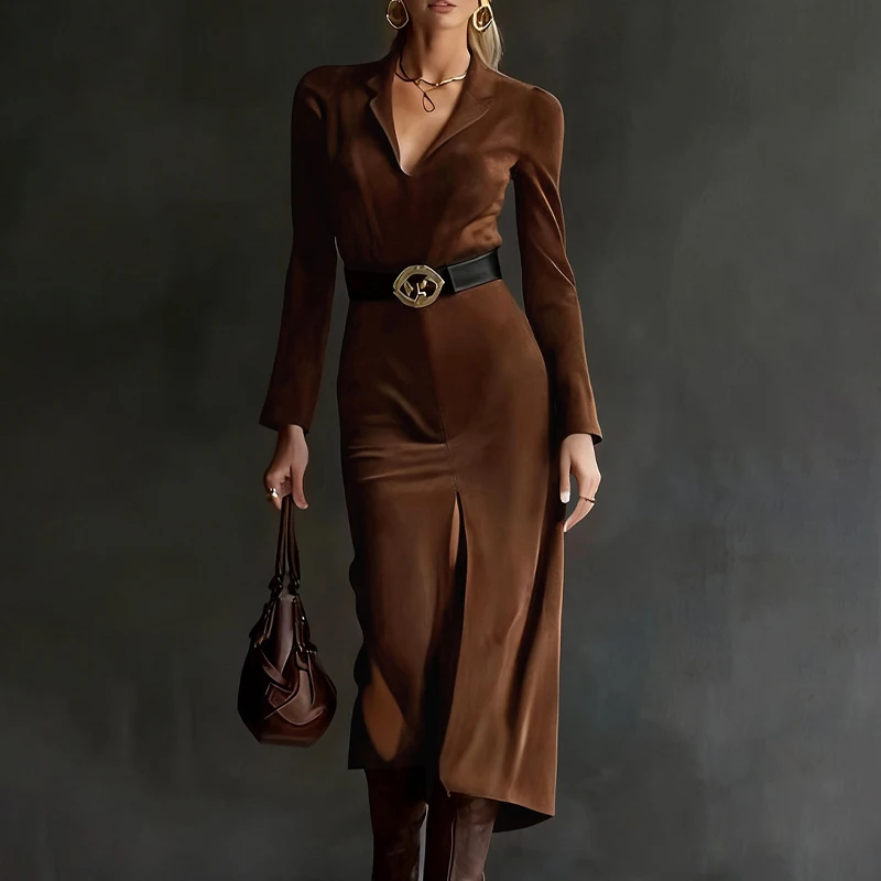 秋冬レディース長袖フェイクスエードVネックドレスセクシーなスリットヘムボディコンウエスタンカウガールマキシドレスストリートウェアベルト付き