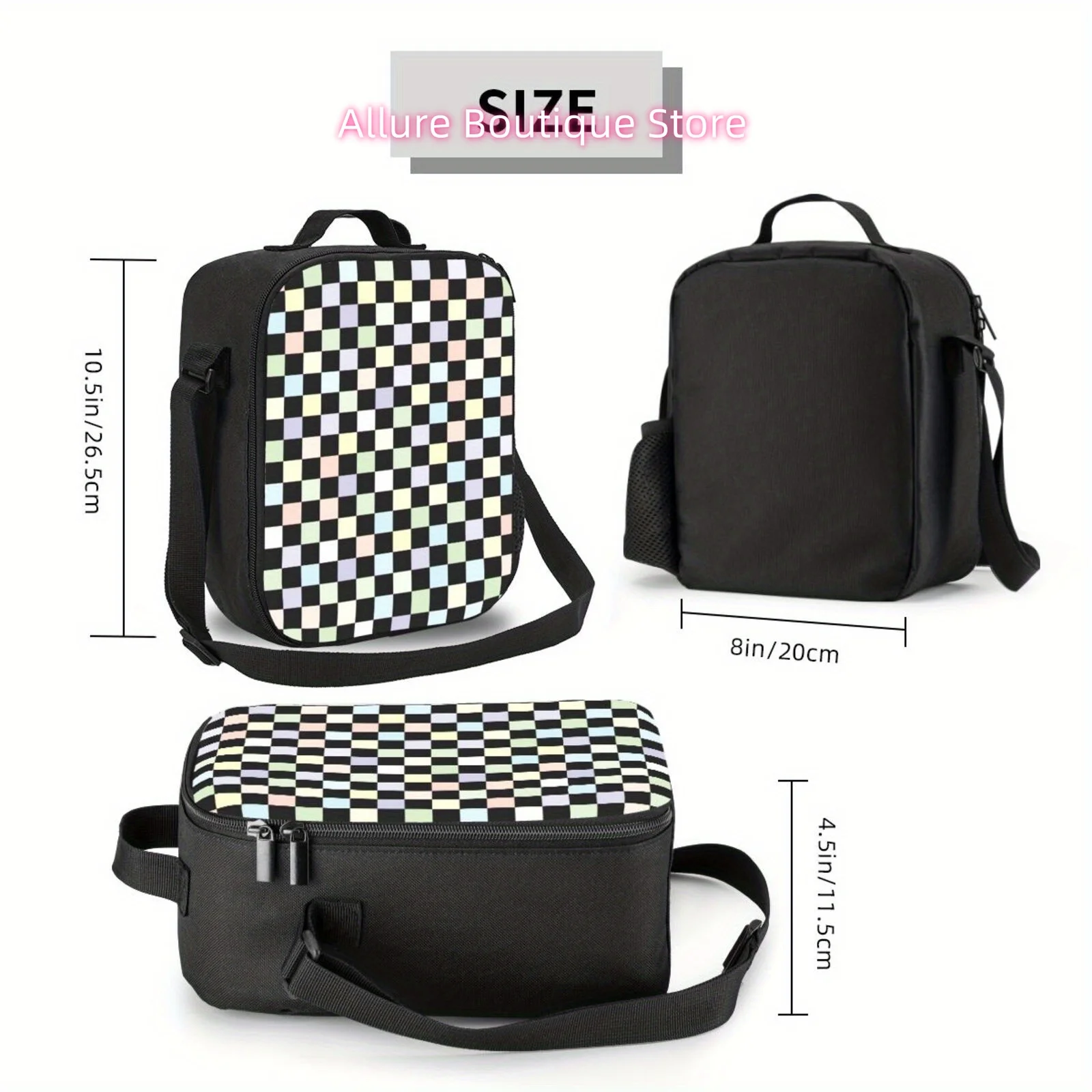 1pc Checkerboard Insulated Lunch Bag - Reusable Bento Tote with Black Handles, Non-Food Contact Polyester Bag for Work, Travel,