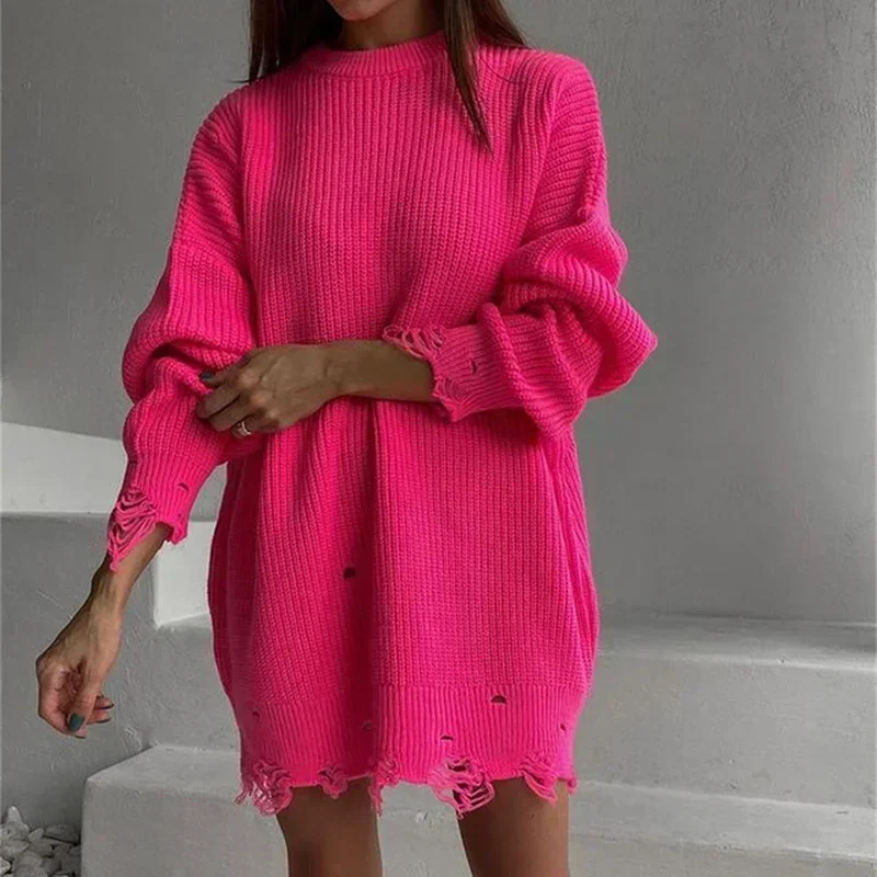 Autumn Winter Streetwear Ripped Hole Women Knitted Sweaters Pullovers Long Sleeve Solid Color Loose Aesthetic Sweater y2k Women