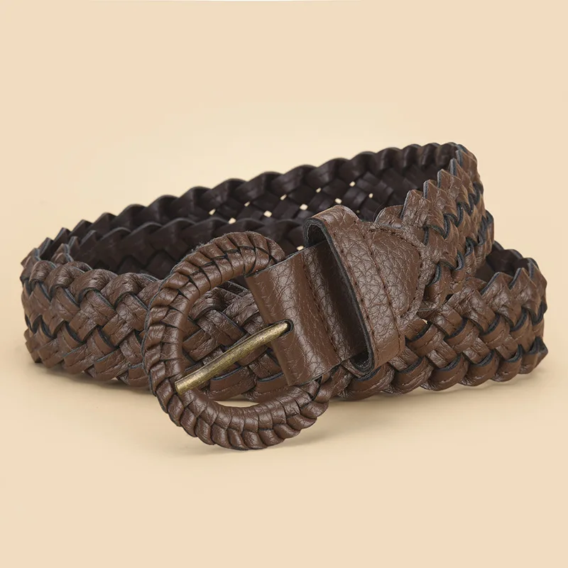 Braided Leather Pin Buckle Waist Belt Continuous Plait Weaving Tech Soft Leather Texture Curved Oval Buckle Frame Stable