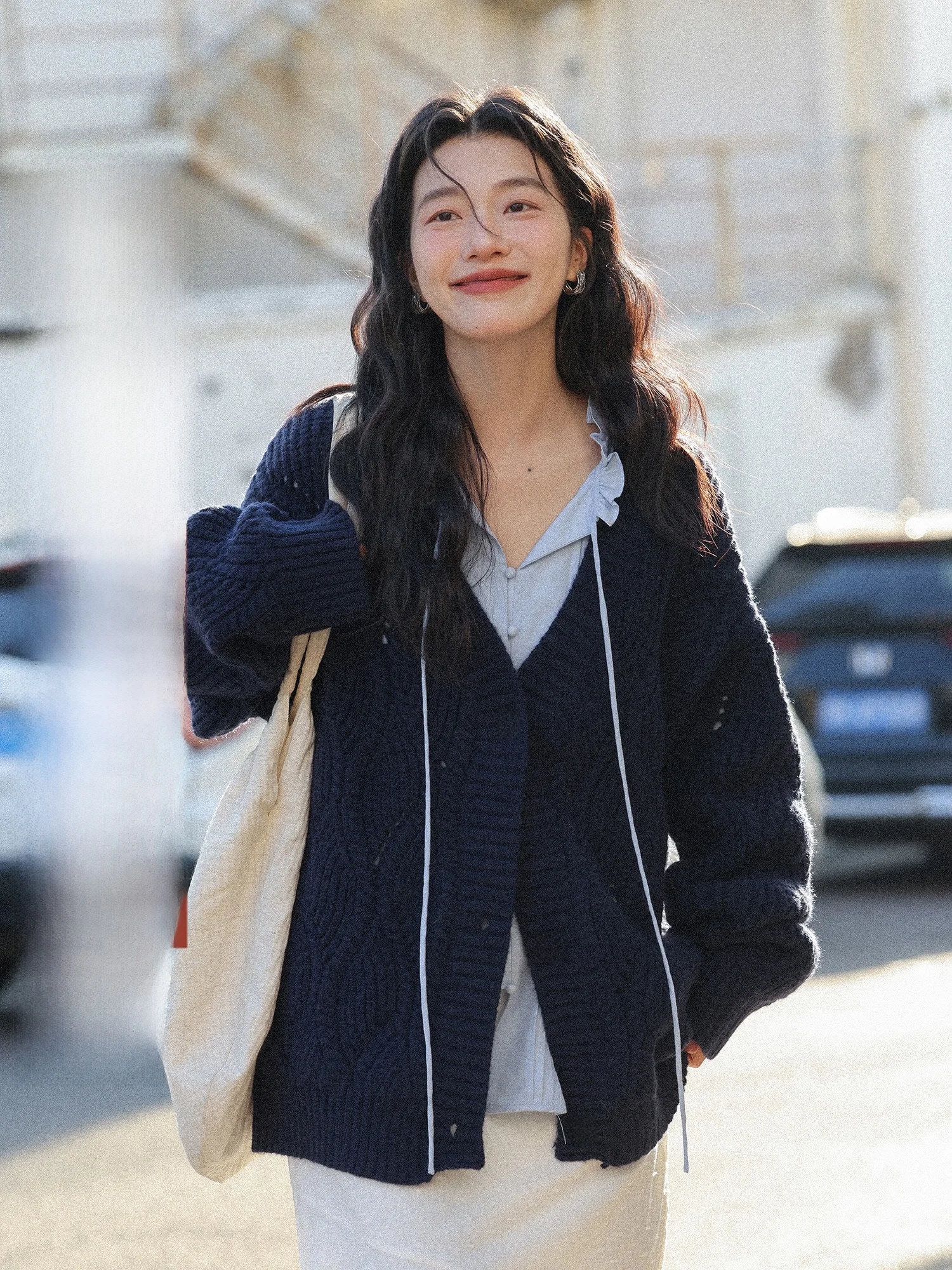 

Deep Blue Knitted Sweater Coat Women's Winter Mid-Length Lazy Loose Thiened V-Ne Knitwear Warm Commute Sle Long Sve