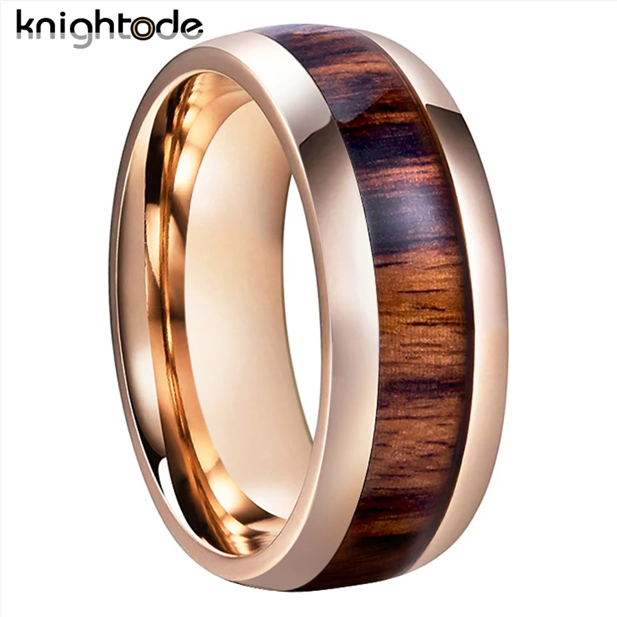 8mm Tungsten Carbide Wedding Band For Men Women Engagement Rings Koa Wood Inlay Dome High Polished Comfort Fit