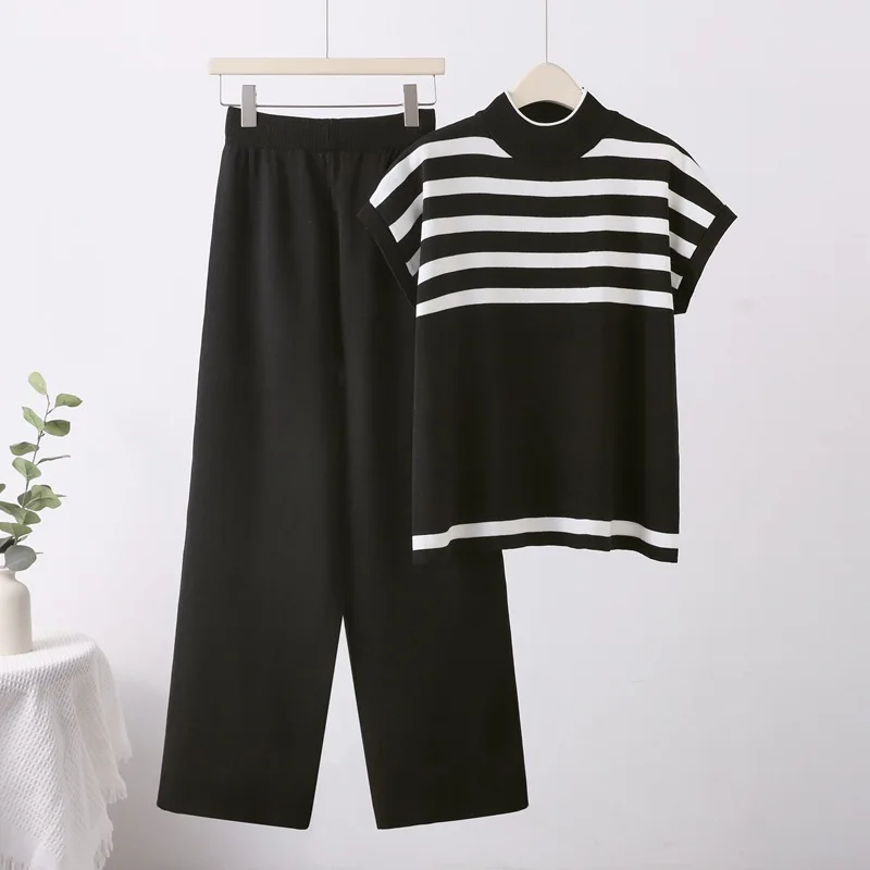 Women Spring/Summer Casual Loose Simple Two-piece Set O-neck Striped Sleeveless T-shirt High Waist Elastic Band Wide Leg Pants