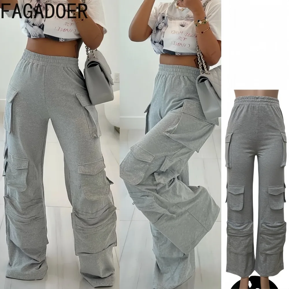 

FAGADOER Casual Cargo Pocket Patchwork Pants Women Solid Color High Waisted Wide Leg Pants Female Streetwear Bottoms 2025 New