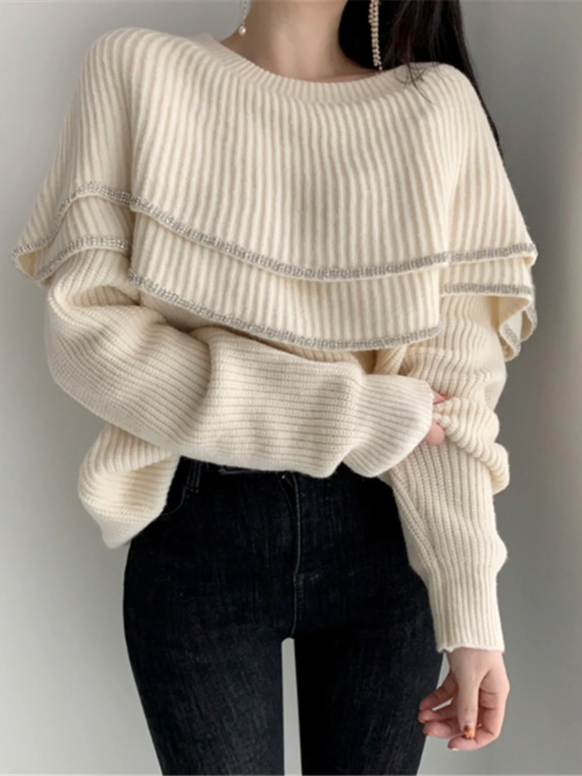 Chic Double Layer Ruffle Collar Shiny Thread  Sexy Bare Shoulder Loose Knitted Sweater for Women Autumn Winter Style