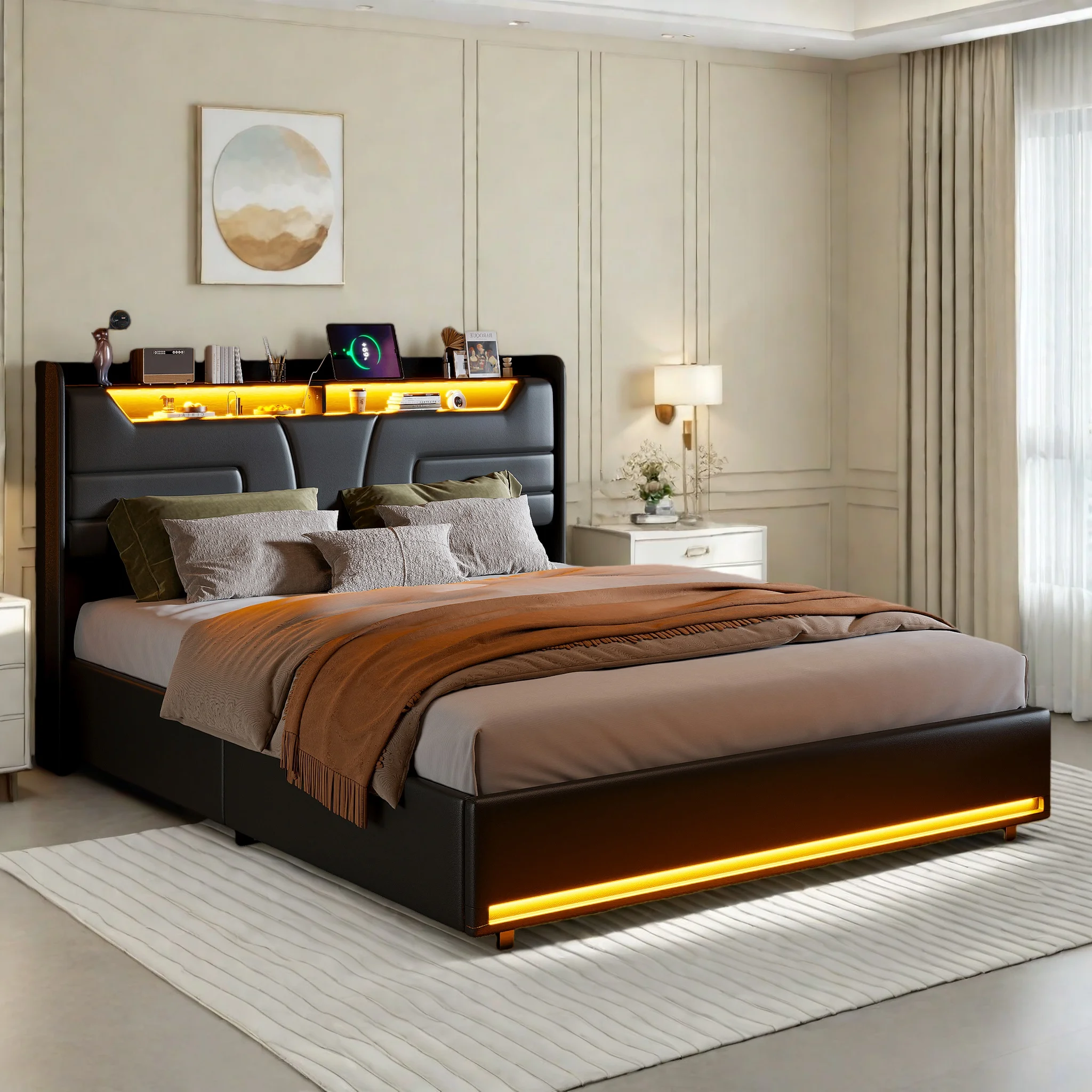 Rosahqnda Polster-Doppelbett 160x200 cm, hydraulisches Bett mit Bettkasten und Lattenrost, Kopfteil mit Stauraum, LED und USB