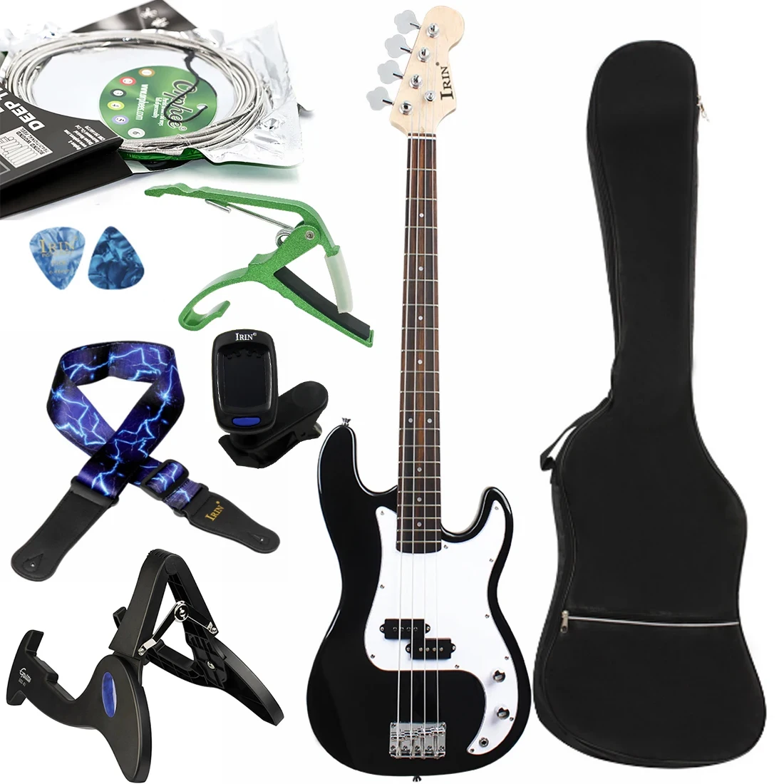 

Black 4 String Electric Bass 20 Frets Basswood Body Bass Guitar with Tuner Strings Capo Stand Strap Accessories