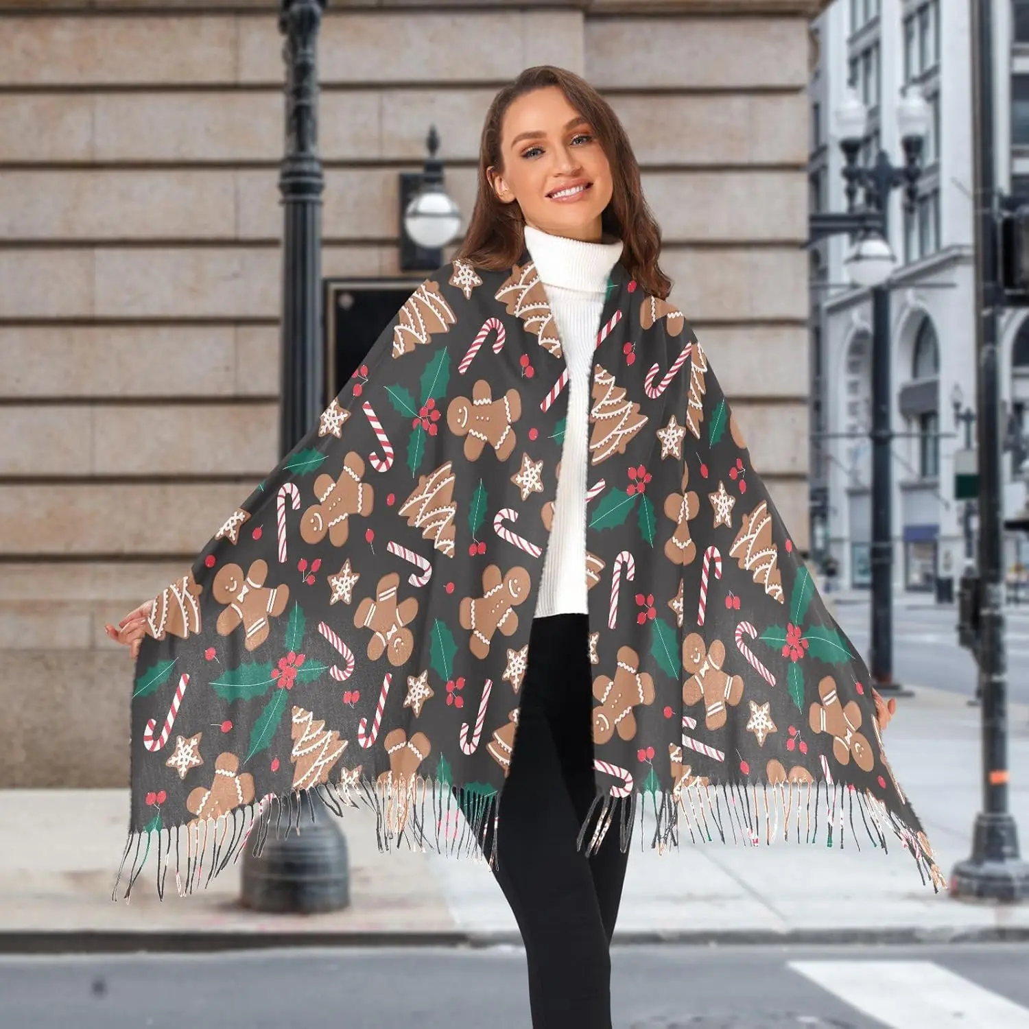 Gingerbread Man Winter Scarf for Women Cold Weather with Tassels Candy Classic Extra Large Warm Soft Scarves Long Shawl Wrap