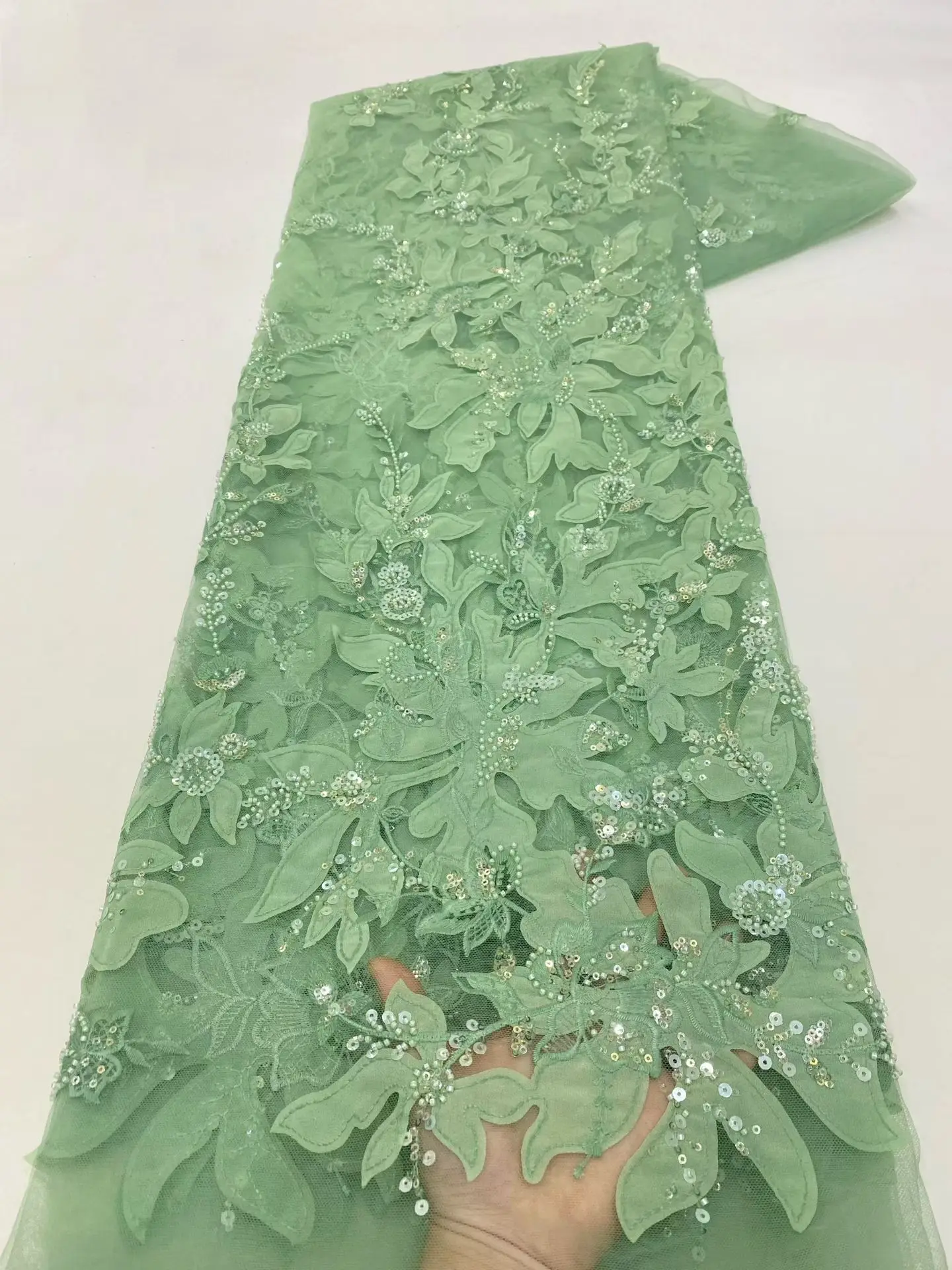 

African Sequins Lace Fabric French Embroidery High Quality Luxury Heavy Beaded Bridal Wedding Lace 5 Yards NXZ6347