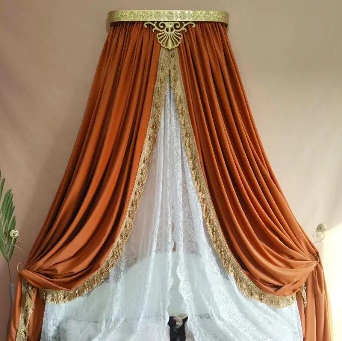 

French Charming Velvet Bed Curtain with Lace Tassel Decor in Princess Style European Flannel Headboard Drape