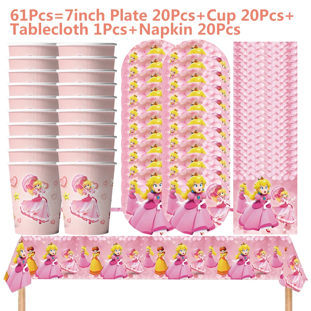 

Princess Peach Party Supplies Girls Children's Birthday Decoration Party Paper Plates Cups Napkin Tablecloth Festivel Dinner Toy