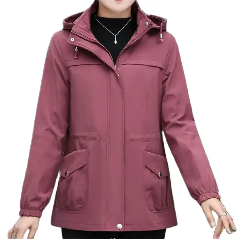 

Spring Autumn Windbreakers Women 2023 New Loose Hooded Trench Coat Pure Colour Pocket Outerwear Concealed Zipper Coats Female