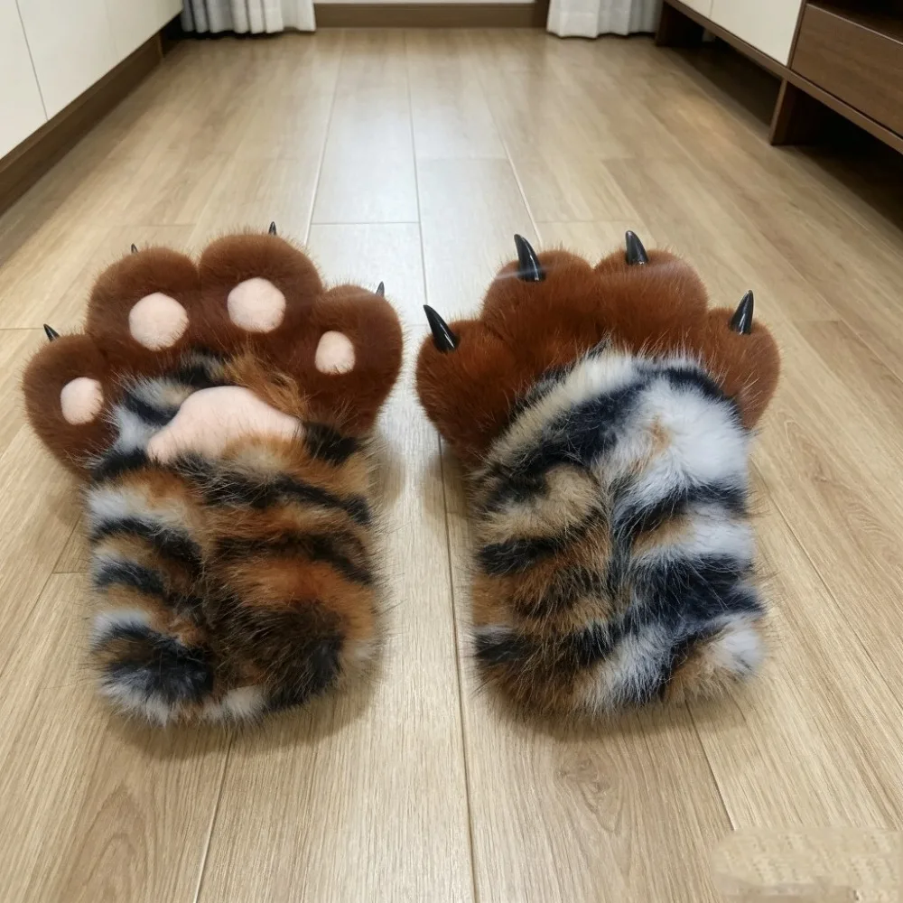 Tiger Print Plush Squeaking Bear Paw Beast Paw Thickened Warm Thicken with Nail Furry Beast Paw Gloves Cosplay Mittens Gifts