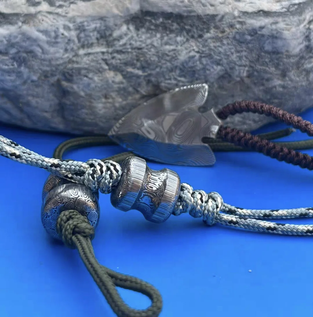 1 Piece Swedish Powder Damascus Steel EDC Pendant, EDC Tool Lanyard Bead, Flashlight Torch Pendants