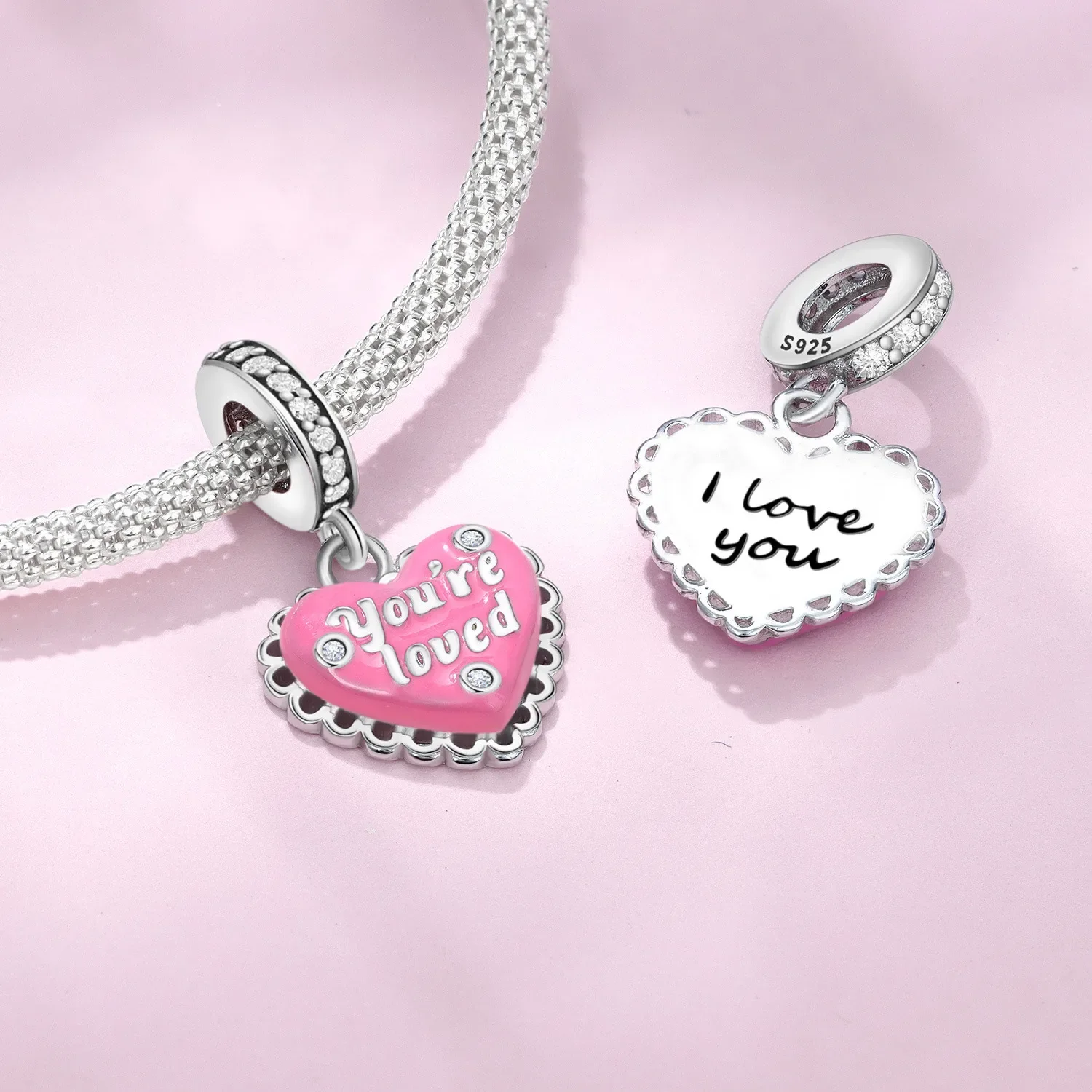 Hearts Love Beads 925 Sterling Silver Heart Tassel Pearls, Pink Heart Shaped Cake, Blue Heart Shell Charms Bracelets Jewelry