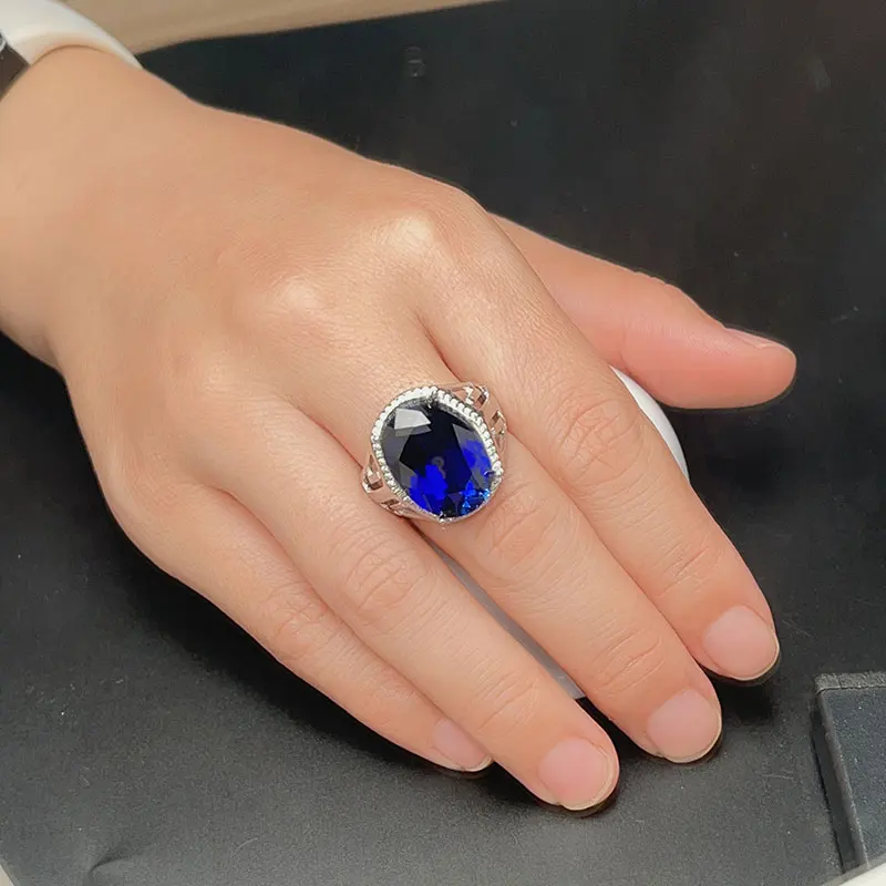 Royal Blue Man Made Sapphire Ring for Men 13mm*18mm Blue Crysal 925 Silver Ring with 3 Layers 18K Gold Plating