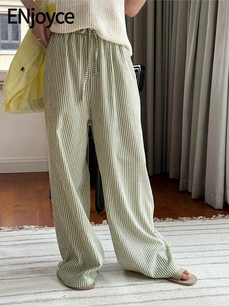 

2024 Summer Women Vintage Striped Ice Silk Wide Leg Pants with Elastic Waist Sun Protection Y2k Streetwear Loose Trousers