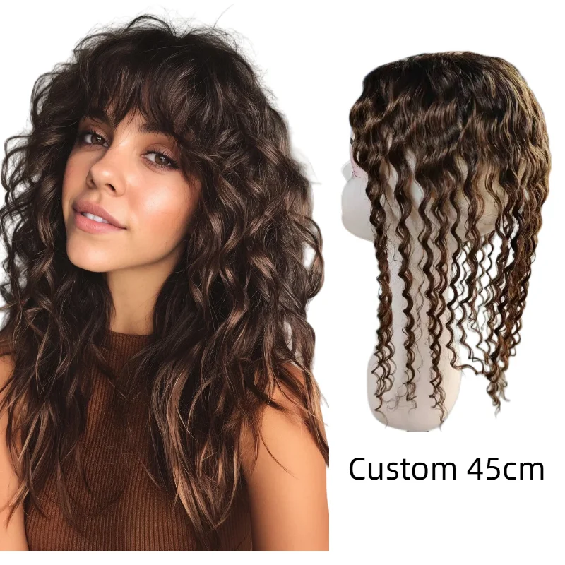 100% Human Hair Hairpiece Swiss Lace 9x14cm 10inch Water Wave Topper Handmade Color #2 #4 7-10Days Wholesale