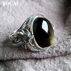 BOCAI New Original Design Sterling Silver s925 Vintage Dragon Inlaid Natural Gold Flare Stone Men's Ring Fashion Jewelry