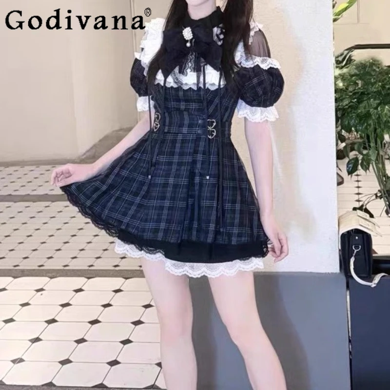 

Японское клетчатое платье и шорты Mine Subculture, комплект из 2 предметов, летний комплект для девочек и женщин, милое кружевное платье принцессы Лолиты с бантом