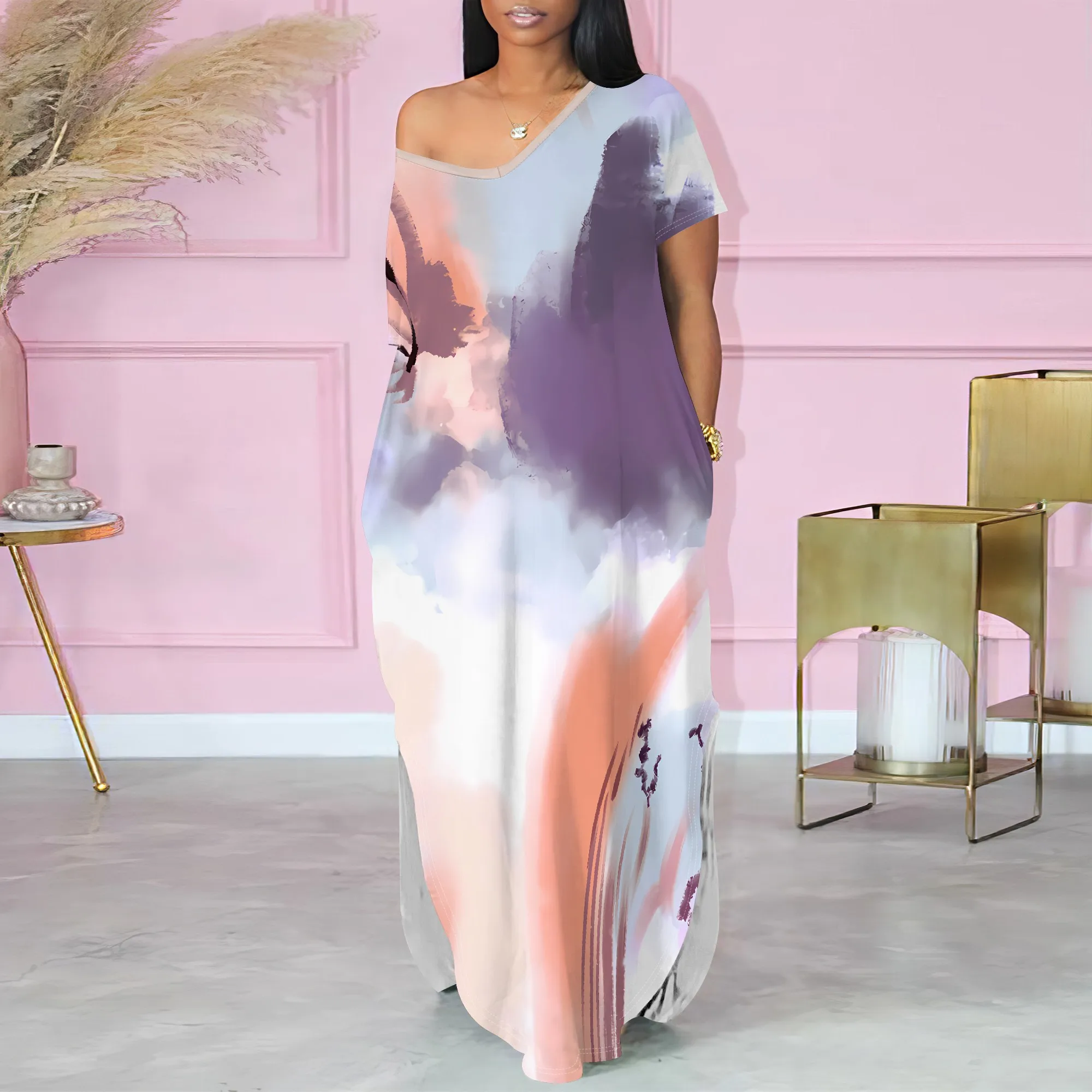 

Short-sleeved One-shoulder Two-side Slits Maxi Dress（Pocket）S-3XL