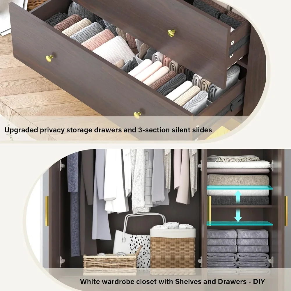 

3 Door Wardrobe Closet with Mirror & LED Lights, Bedroom Armoire with Drawers & Shelves, Farmhouse Wooden Armoire, Customized