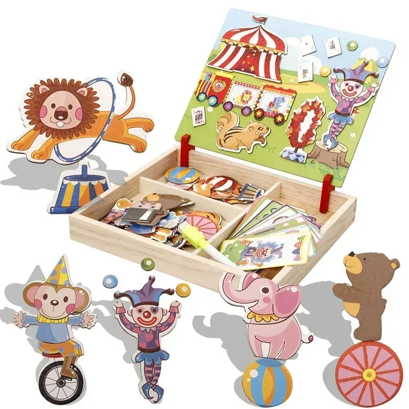 

DIY 3D Magnetic Puzzle and Drawing Toy Circus Animal Card Wooden Circus Magician Clown Lion Monkey Bear Model Set Kids Baby Gift