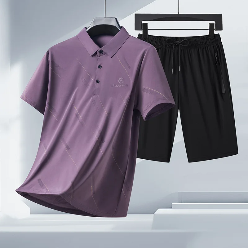 2025 new summer ice silk lapel polo shirt men's short-sleeved T-shirt shorts suit summer cool quick-drying business