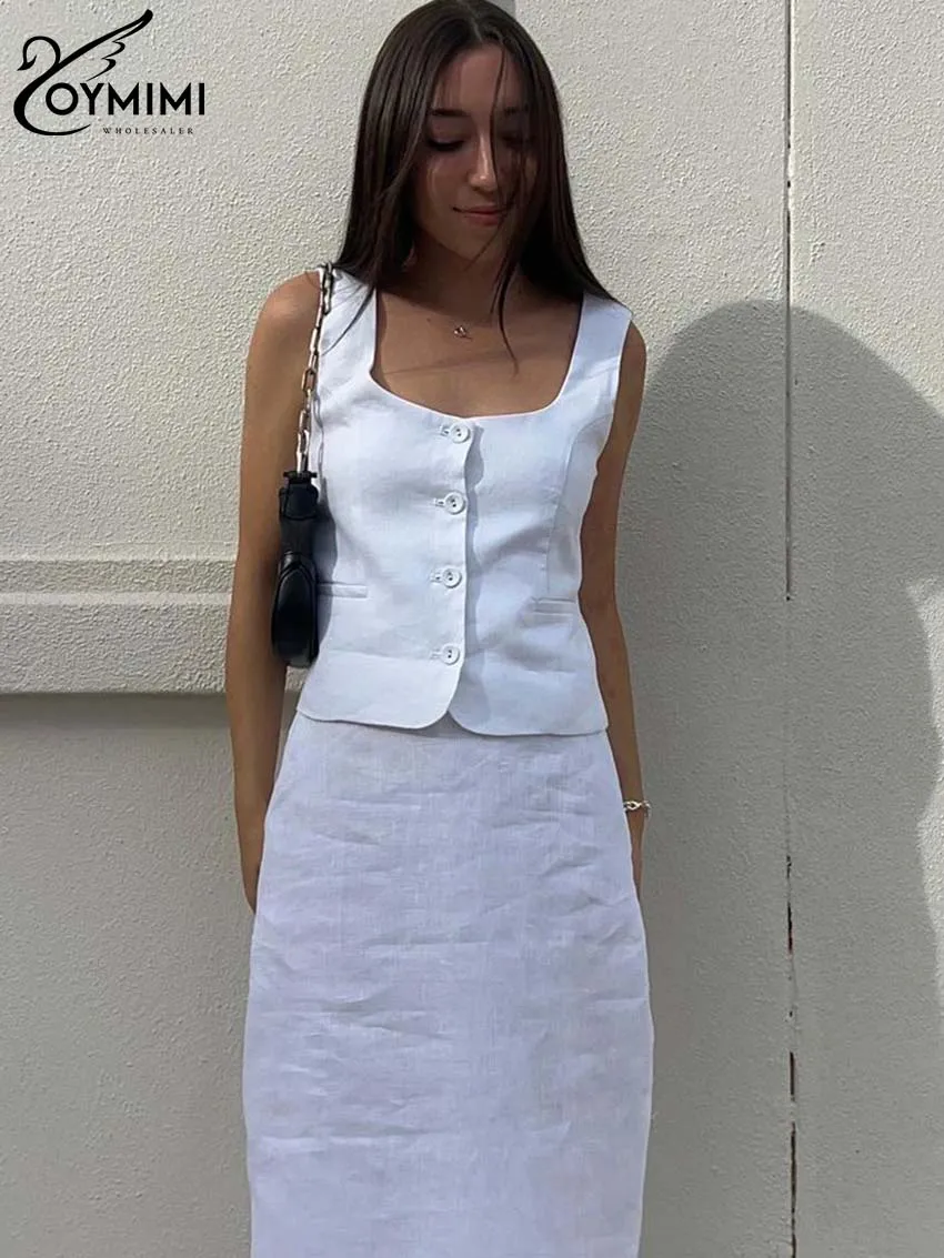 Oymimi Elegant White Cotton Women Sets Two Pieces 2024 Casual Slip Square Neck Button Tank Tops And Simple Straight Skirts Sets