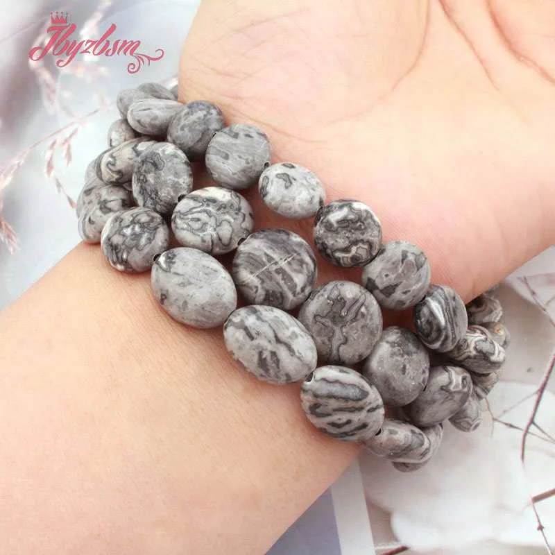 Natural Gray Map Jasper Coin Oval Beads Loose Natural Stone Beads For DIY Jewelry Making Necklace Bracelet Strand 15\