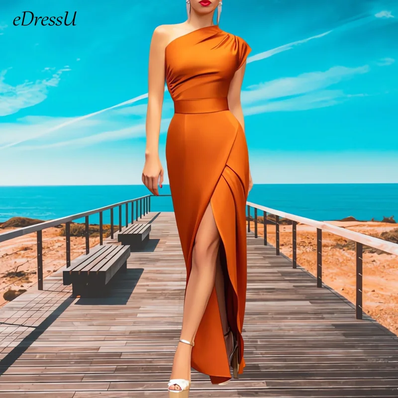 2023 One Shoulder Evening Party Dress Sexy Slit Orange Bridesmide Dress Women Summer High Waist Long Dress Cocktail Wear MZX-148