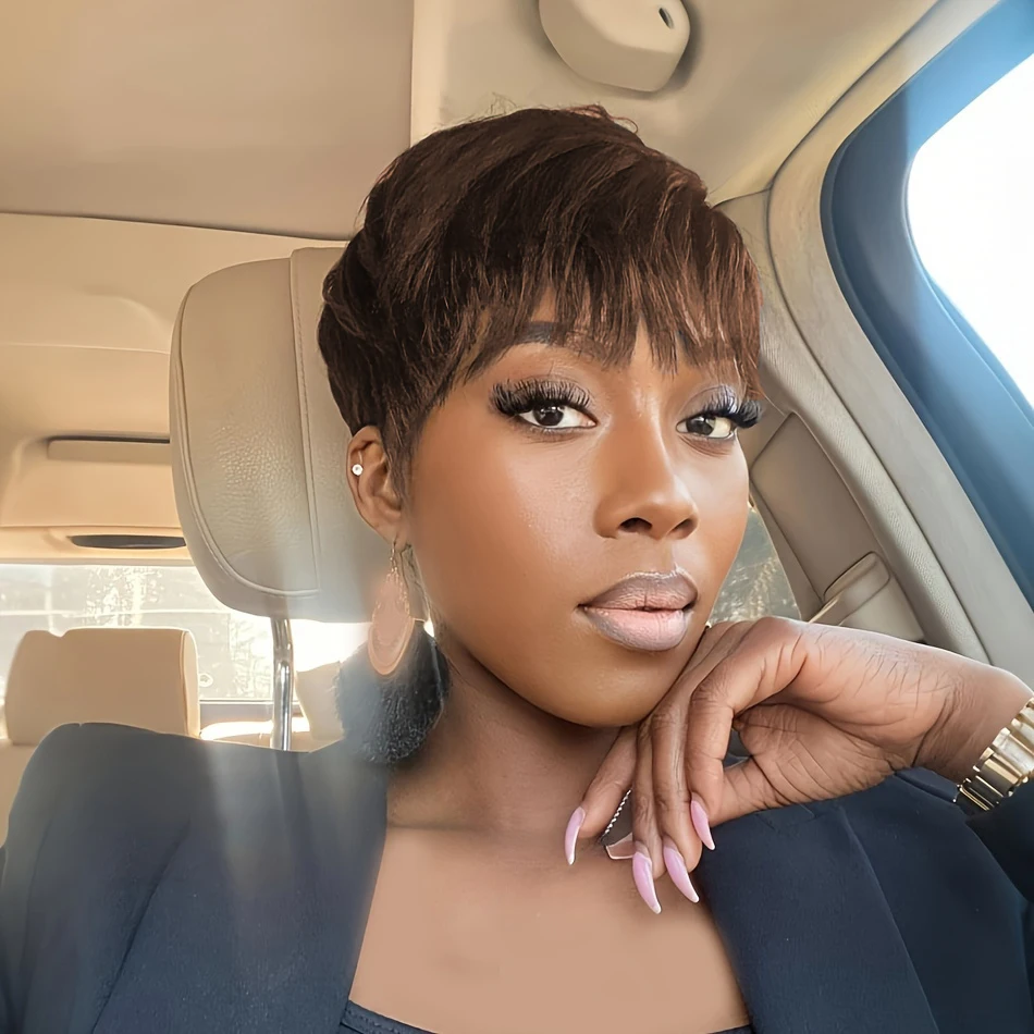 4 # /99j/1b colorido pixie corte em linha reta peruca de cabelo humano para as mulheres completa máquina feita peruca curta em camadas peruca reta com franja